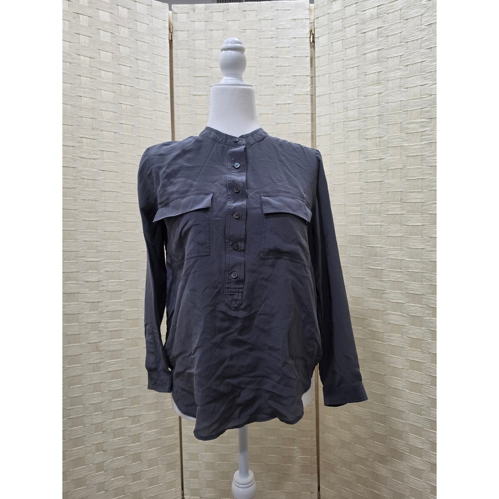 Banana Republic Silk Blouse Charcoal Gray Henley Band Collar Top PM Petite M
